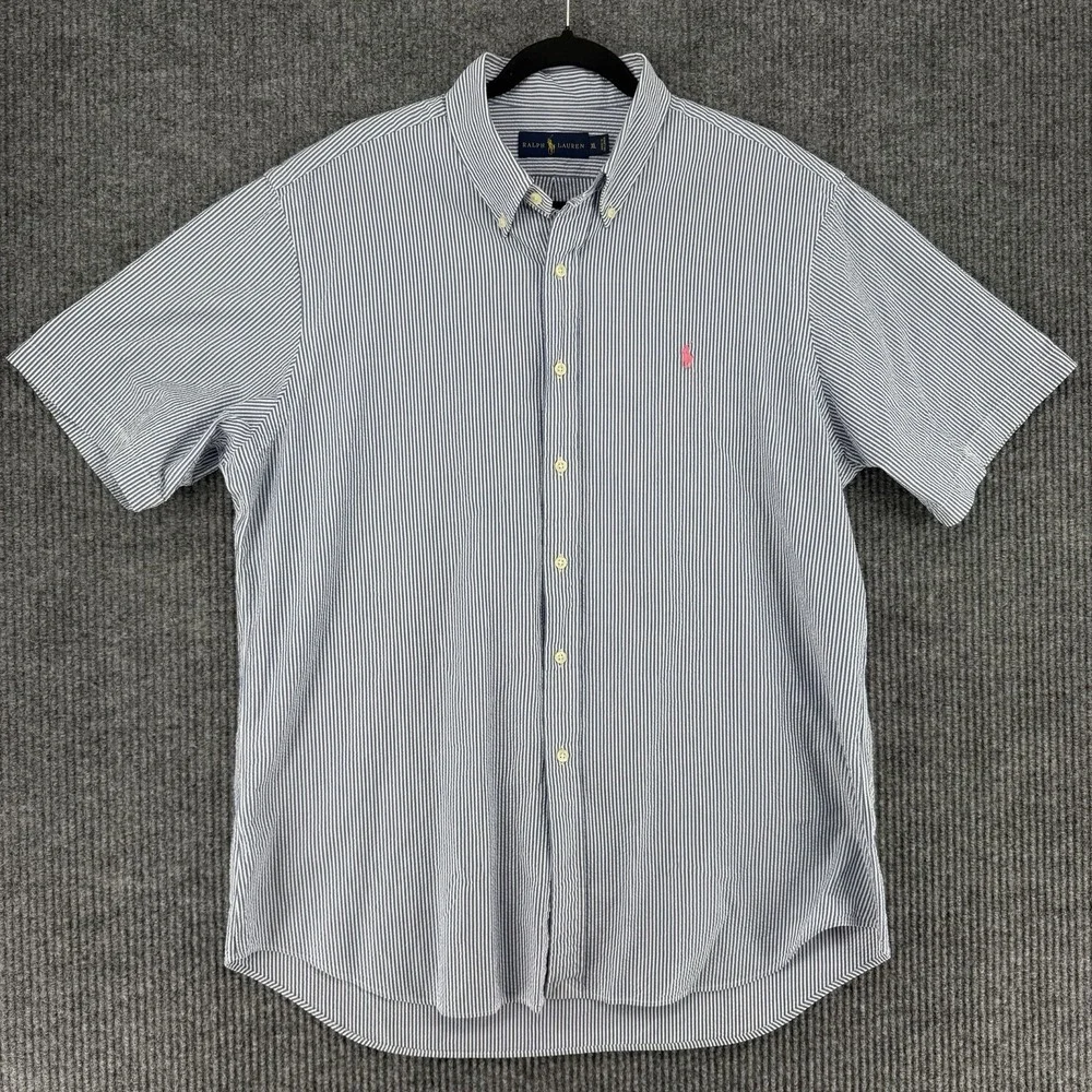 Ralph Lauren mens XL striped seersucker short sleeve button shirt pink pony prep